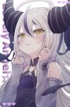  1girl :p adapted_costume ahoge black_horns braid braided_bangs grey_hair highres hololive horns la+_darknesss la+_darknesss_(1st_costume) long_hair multicolored_hair pointy_ears purple_hair purumeria_36 sleeves_past_wrists streaked_hair striped_horns tongue tongue_out virtual_youtuber yellow_eyes 