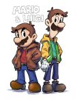  alternate_costume belt blue_pants boots brothers brown_belt brown_footwear brown_hair brown_jacket character_name facial_hair full_body gloves green_jacket green_shirt hands_in_pockets highres hood hood_down hooded_jacket jacket looking_at_another luigi mario mario_&amp;_luigi_rpg mario_(series) masanori_sato_(style) multicolored_clothes multicolored_jacket mustache open_clothes open_jacket pants red_shirt red_socks shirt short_hair siblings simple_background socks striped striped_socks two-tone_jacket white_background white_gloves white_socks ya_mari_6363 yellow_jacket 