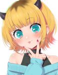  1girl :3 bare_shoulders blonde_hair blue_eyes blush earrings highres horns jewelry looking_at_viewer original ransusan shiny_skin short_hair simple_background smile solo sweater tongue tongue_out w white_background 