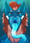  anthro blue_body blue_ears blue_fur blue_tongue bodily_fluids bust_portrait facial_markings female front_view fur gaping_mouth head_markings hi_res lionfloof looking_at_viewer mane markings mouth_shot open_mouth portrait pupils red_eyes red_mane red_pupils saliva saliva_string solo tongue tongue_out white_markings 