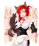  1girl alternate_costume animal animal_ears apron bangs black_dress bow breasts cat cat_ears cleavage dress enmaided fang hair_bow hand_on_hip holding holding_animal honkai_(series) honkai_impact_3rd maid murata_himeko open_mouth red_hair short_sleeves solo upper_body waist_apron white_apron white_background yellow_bow yellow_eyes zhuchengyuanjianzhen 