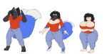  2019 anthro anthro_to_human barefoot big_breasts black_hair blue_body blue_fur bottomwear breast_growth breasts clothing crossed_arms digital_media_(artwork) eyewear feet female fur gender_transformation glasses growth hair hi_res human male mammal mephitid mtf_transformation pants red_clothing red_shirt red_topwear robertge sequence shirt short_stack shrinking simple_background size_transformation skunk smile solo species_transformation standing topwear transformation white_background 