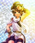  1boy bike_shorts blue_eyes brown_hair cowboy_shot drawn_wings hand_on_own_hip hand_up kid_icarus kid_icarus_uprising kinoko_0801 laurel_crown male_focus pit_(kid_icarus) scarf smile vambraces white_scarf 