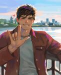  1boy \m/ bakemonookome blush brown_eyes brown_hair cityscape grin heart jacket lake looking_at_viewer male_focus original railing red_jacket shirt short_hair smile sunset water white_shirt 