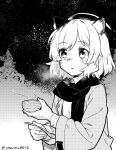  1girl :&lt; animal_ears arknights blush bowl cat_ears cat_girl greyscale highres holding holding_bowl holding_spoon jacket layered_sleeves long_sleeves monochrome mousse_(arknights) mousse_(campfire_cooking_smoke)_(arknights) night night_sky official_alternate_costume open_clothes open_jacket outdoors scarf shirt short_hair sky solo spoon star_(sky) starry_sky steam twitter_username upper_body yom_(ymayma00ss) 