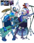  3girls =_= arms_up band black_footwear black_socks blue_gloves blue_hair blue_sailor_collar blue_theme blunt_bangs boots clenched_hand commentary converse drum drum_set drumsticks electric_guitar english_commentary glasses gloves gradient_hair guitar hands_up highres holding holding_drumsticks holding_instrument holding_plectrum instrument leaning_forward long_sleeves looking_up microphone microphone_stand multicolored_hair multiple_girls neckerchief original pale_skin personification pink_neckerchief platform_footwear plectrum purple_lips ramon_nunez red_hair red_neckerchief reference_inset sailor_collar school_uniform screaming shirt shoes short_sleeves simple_background slouching sneakers socks standing white_background white_shirt yellow_eyes 