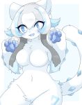  anthro big_breasts blue_body blue_eyes blue_fur blue_hair blue_pawpads breasts chien-pao featureless_breasts featureless_crotch female fur generation_9_pokemon hair hi_res kuzuyu legendary_pokemon long_hair looking_away nintendo pawpads pokemon pokemon_(species) smile solo white_body white_fur white_hair 