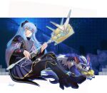  1girl 1other ao_no_kiseki arm_guards armor blue_hair boots breastplate cape cat_ear_hairband dog eiyuu_densetsu full_body hair_between_eyes high_heel_boots high_heels holding holding_staff long_hair mascot_costume mishy shoulder_guard sidelocks signature sitting smile solo staff tio_plato twintails wolf xiacheng_tatsuya yellow_eyes zeit zero_no_kiseki 