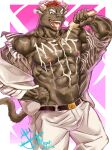  1boy abs animal_ears bara brown_fur cow_ears cow_horns english_text facial_hair feet_out_of_frame furry furry_male goatee gold_necklace good_meat_day gyumao_(housamo) heart-shaped_food highres horns jewelry large_pectorals looking_at_viewer male_focus mature_male mimija1 minotaur mohawk muscular muscular_male navel navel_hair necklace nipples open_clothes open_shirt pectorals pink_background pouring pouring_onto_self red_hair short_hair smile solo stomach strongman_waist tokyo_afterschool_summoners tongue tongue_out 