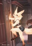  2023 4_ears anthro blue_eyes bottomwear breasts canid canine clothed clothing crop_top digitigrade discreet_user female fox fully_clothed fur fyre_fox glowing glowing_body glowing_fur gym_bottomwear gym_clothing gym_shorts hi_res inner_ear_fluff ladder looking_back mammal multi_ear mylar_(discreet_user) neck_tuft shirt shorts smile solo sportswear tail topwear tuft yellow_body yellow_fur 