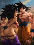  1boy 2girls absurdres ass bare_shoulders black_eyes black_hair breasts caulifla closed_eyes crop_top dragon_ball dragon_ball_super elite_nappa frown highres jealous kale_(dragon_ball) large_breasts multiple_girls muscular nipples open_mouth pants smile son_goku spiked_hair strapless torn_clothes torn_pants tube_top 
