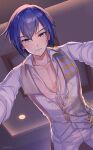  1boy absurdres blue_eyes blue_hair collarbone collared_shirt commentary cowboy_shot dreamxiety english_commentary highres kaito_(vocaloid) long_sleeves looking_at_viewer parted_lips pov shirt short_hair vocaloid 