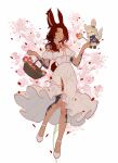  1girl animal_ears arm_tattoo avatar_(ff14) bare_shoulders dress final_fantasy final_fantasy_xiv flower green_eyes highres jewelry leg_tattoo long_hair loporrit lyra-kotto pendant petals rabbit_ears rabbit_tail red_hair shoulder_tattoo solo tail tattoo viera white_dress 