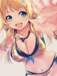  1girl bikini blonde_hair blue_eyes blurry blurry_background blurry_foreground blush breasts cleavage collarbone dacho flower front-tie_bikini_top front-tie_top hachimiya_meguru hair_flower hair_ornament idolmaster idolmaster_shiny_colors jewelry large_breasts long_hair looking_at_viewer low_twintails navel necklace open_mouth reaching_towards_viewer side-tie_bikini_bottom simple_background smile solo standing swimsuit twintails wet wet_clothes white_background yellow_bikini 