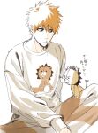  1boy bleach brown_eyes brown_pants feet_out_of_frame highres kon_(bleach) konetaa kurosaki_ichigo long_sleeves looking_at_another male_focus orange_hair pants short_hair sitting solo spiked_hair stuffed_animal stuffed_lion stuffed_toy sweater 