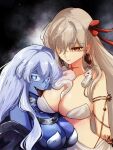  2girls 710_ao absurdres blue_eyes breasts durga_(fate) earrings fate/grand_order fate_(series) hair_ribbon highres jewelry kali_(fate) large_breasts long_hair multiple_girls neck_tattoo red_eyes ribbon snake tattoo tongue tongue_out white_hair 
