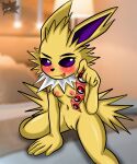  anthro breasts condom condom_wrapper eeveelution female fur generation_1_pokemon genitals hi_res jolteon looking_at_viewer looking_pleasured nintendo nipples pokemon pokemon_(species) pussy sexual_barrier_device sirjzau small_breasts solo spread_legs spreading tongue tongue_out yellow_body yellow_fur 