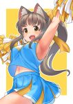 1girl :d animal_ear_fluff animal_ears arm_up armpits arukiru bare_arms blue_shirt blue_skirt bow breasts brown_hair cheerleader cowboy_shot fang hair_bow hand_up highres long_hair looking_at_viewer medium_breasts midriff_peek miniskirt multicolored_clothes multicolored_skirt navel open_mouth original outside_border pleated_skirt pom_pom_(cheerleading) ponytail shirt sidelocks simple_background skirt sleeveless sleeveless_shirt smile solo teeth tongue upper_teeth_only yellow_background yellow_bow yellow_eyes 