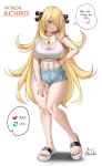  1girl achromaru alternate_eye_color black_nails blonde_hair blue_eyes breasts cleavage cutoffs cynthia_(pokemon) denim denim_shorts english_text feet full_body grin hair_over_one_eye hand_on_own_hip highres jewelry knees_together_feet_apart large_breasts legs like_and_retweet long_hair meme midriff nail_polish navel patreon_username pendant pokemon pokemon_(game) pokemon_dppt sandals short_shorts shorts smile solo speech_bubble stomach tank_top thighs toenail_polish toenails toes twitter_strip_game_(meme) very_long_hair white_tank_top 