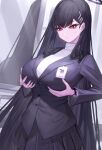  1girl black_hair blazer blue_archive breast_hold breasts hair_ornament hairclip halo highres jacket long_hair moco_(moco_28) pleated_skirt red_eyes rio_(blue_archive) skirt solo sweatdrop sweater turtleneck turtleneck_sweater very_long_hair watch wristwatch 