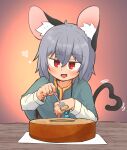  1girl absurdres animal_ear_fluff animal_ears baumkuchen blue_capelet blush cake capelet commentary_request food fork greenpiecerice grey_hair hair_between_eyes heart heart_tail highres holding holding_fork jewelry long_bangs long_sleeves looking_at_viewer mouse_ears mouse_girl mouse_tail nazrin pendant red_eyes shirt short_hair smile solo table tail touhou upper_body white_shirt 
