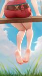  1girl absurdres ass atelier_(series) atelier_ryza barefoot bow bowtie cloud feet grass highres legs lower_body red_shorts reisalin_stout risa_(pixiv23908854) shorts sitting sky soles solo spread_toes thighs toes wood 