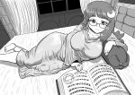  1girl :3 anklet barefoot bed bespectacled blush book breasts closed_mouth collarbone commentary_request crescent crescent_hair_ornament curtains glasses greyscale hair_ornament hyou-gami jewelry large_breasts lying monochrome multiple_rings no_headwear on_side open_book partial_commentary patchouli_knowledge pillow reading ring robe round_eyewear smile solo touhou window 