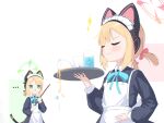  ... 2girls animal_ear_headphones animal_ears apron black_dress blonde_hair blue_archive blue_ribbon blush broom cat_ear_headphones cat_tail closed_eyes closed_mouth commentary_request dress fake_animal_ears fake_tail green_eyes green_halo green_ribbon hair_ribbon halo hand_on_own_hip headphones highres holding holding_broom holding_tray kattowu long_sleeves maid maid_apron maid_headdress midori_(blue_archive) midori_(maid)_(blue_archive) momoi_(blue_archive) momoi_(maid)_(blue_archive) multiple_girls neck_ribbon parted_lips pink_halo pink_ribbon puffy_long_sleeves puffy_sleeves ribbon short_hair short_twintails sparkle spilling tail tray twintails upper_body white_apron 