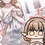  1boy 1girl arona&#039;s_sensei_doodle_(blue_archive) blue_archive blush breasts brown_hair chibi chinatsu_(blue_archive) cleavage covered_navel halo jazz_jack long_hair lowres onsen pointy_ears sensei_(blue_archive) smile towel wet yellow_eyes 