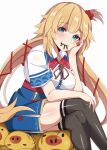  1girl absurdres akai_haato akai_haato_(1st_costume) black_thighhighs blonde_hair blue_eyes blue_skirt blush breasts bug collared_shirt dvljoe eating_bugs haaton_(akai_haato) hair_ornament hair_ribbon hand_on_knees head_rest heart heart_hair_ornament highres hololive looking_at_viewer red_ribbon ribbon shirt side_ponytail skirt smile spider thighhighs twintails virtual_youtuber white_shirt 