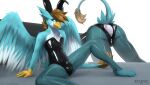  absurd_res anthro avian bed bulge bunny_costume clothing costume egg fake_ears fake_rabbit_ears furniture gryphon hi_res latex male mythological_avian mythology oviposition playboy_outfit pure_gold_(oc) rubber rubber_clothing rubber_suit solo st4rs6 