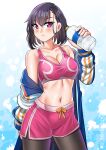  1girl absurdres black_hair blue_coat bottle breasts cleavage coat contrapposto crop_top highres katou_shinobu large_breasts mikazuki_shizuka multicolored_coat pantyhose_under_shorts pink_shorts pink_sports_bra red_eyes short_hair shorts solo sports_bra standing zom_100:_zombie_ni_naru_made_ni_shitai_100_no_koto 