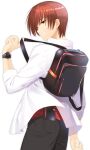  1boy absurdres arm_at_side backpack bag black_pants brown_hair cellphone cowboy_shot from_side grin hand_up highres little_busters! long_sleeves looking_at_viewer looking_back natsume_kyousuke nose otou_(otou_san) pants phone red_eyes red_shirt shirt short_hair simple_background smartphone smile standing straight_hair v-shaped_eyebrows watch white_background white_shirt wristwatch 