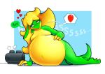  &lt;3 air_inflation anthro belly big_belly big_breasts blonde_hair breasts dialogue fangs featureless_breasts female green_body green_eyes hair hose_in_butt hose_inflation hyper hyper_belly inflation lazygartuz multicolored_body navel nude rocio_(lazygartuz) scalie simple_background smile solo sound_effects speech_bubble teeth text unknown_species yellow_body 