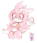  anthro big_breasts blue_eyes blush blush_lines breasts clothing dipstick_limbs eyelashes female fur gesture hi_res lagomorph leporid looking_at_viewer mammal mawstrife navel nipple_outline pink_body pink_fur rabbit red_clothing red_swimwear simple_background smile solo swimwear thick_thighs waving waving_at_viewer white_background white_body white_fur wide_hips 