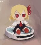  1girl ascot black_shirt blonde_hair brown_background full_body fumo_(doll) gradient_background hair_ribbon long_sleeves painterly red_ascot red_eyes red_footwear reddizen ribbon robotic_vacuum_cleaner rumia shirt short_hair simple_background sitting smile solo touhou vest white_shirt 