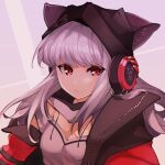  1girl animal_ears arknights breasts cleavage diamond-shaped_pupils diamond_(shape) ears_through_headwear fox_ears fox_girl frostleaf_(arknights) frown grey_background grey_hair grey_shirt haku_(grimjin) headphones highres implied_extra_ears jacket long_hair long_sleeves looking_at_viewer open_clothes open_jacket red_eyes red_jacket shirt simple_background small_breasts solo symbol-shaped_pupils upper_body 
