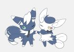  bow bowtie green_eyes grey_background holding_hands meowstic meowstic_(female) meowstic_(male) necktie no_humans one_eye_closed oyul_o parted_lips pokemon pokemon_(creature) simple_background standing 