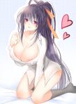  1girl areola_slip bed_sheet between_legs black_hair black_socks breasts cleavage collared_shirt commentary_request covered_nipples hair_between_eyes hand_between_legs heart high_school_dxd highres himejima_akeno kneehighs kneeling long_hair long_sleeves looking_at_viewer naked_shirt off_shoulder open_mouth ponytail purple_eyes rara419 shirt simple_background smile socks solo very_long_hair white_shirt 