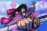  1boy artist_name black_eyes black_hair closed_mouth cloud cloudy_sky commentary english_commentary holding holding_sword holding_weapon japanese_clothes katana kimono long_hair looking_at_viewer male_focus momonosuke_(one_piece) one_piece outdoors sky solo sword weapon wodencreativ 