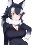  1girl absurdres animal_ear_fluff animal_ears black_hair black_jacket blue_eyes breasts cleavage commentary extra_ears fur_collar gloves grey_wolf_(kemono_friends) hair_flaps hand_on_own_hip heterochromia highres jacket kemono_friends large_breasts light_blush long_hair long_sleeves looking_at_viewer masuyama_ryou multicolored_hair simple_background smile solo two-tone_hair upper_body white_background white_gloves white_hair wolf_ears wolf_girl yellow_eyes 