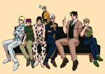  6+boys animal_print beanie black_hair blonde_hair book brothers cassock cleavage_cutout clothing_cutout couch cow_print crossed_arms crossed_legs dark-skinned_male dark_skin dio_brando donatello_versus enrico_pucci family father_and_son giorno_giovanna hage_tashuumi hat highres jojo_no_kimyou_na_bouken male_focus multiple_boys neck_brace necktie pointing pointing_up priest reading rikiel siblings sideburns simple_background sitting stone_ocean sweater_vest time_paradox ungaro vento_aureo white_hair wristband 