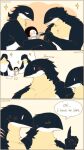  anthro avian bird black_body black_feathers blush blush_lines comic dialogue feathers female hi_res humanoid male pegu2726 penguin scar simple_background white_body white_feathers young 
