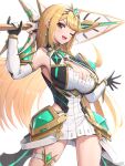  1girl black_gloves bong breasts chest_jewel cleavage_cutout clothing_cutout dress earrings elbow_gloves gloves gold_trim gonzarez highres hip_vent holding holding_sword holding_weapon jewelry large_breasts long_hair looking_at_viewer multicolored_clothes multicolored_gloves mythra_(xenoblade) one_eye_closed open_mouth skindentation smile solo sword teeth thighlet tiara upper_teeth_only weapon white_dress white_gloves xenoblade_chronicles_(series) xenoblade_chronicles_2 yellow_eyes 