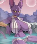  anthro beerus big_breasts breasts clothed clothing cooliehigh crossgender domestic_cat dragon_ball dragon_ball_super ear_piercing felid feline felis female fingers hi_res hot_spring looking_at_viewer mammal mtf_crossgender partially_submerged piercing purple_body solo tail water 