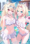  2girls :3 animal_ear_fluff animal_ears bandaid_hair_ornament bare_shoulders bikini bikini_skirt blonde_hair blue_eyes blue_hair blue_hairband blue_sky breasts building cleavage collarbone commentary_request cowboy_shot crossed_bangs day dog_ears dog_girl dog_tail fake_horns fang fingernails frilled_bikini frills fuwawa_abyssgard hair_between_eyes hair_ornament hairband hairclip halterneck highres hitachi_sou hololive hololive_english horns innertube large_breasts light_blush long_hair looking_at_viewer mococo_abyssgard multicolored_hair multiple_girls nail_polish navel off-shoulder_bikini off_shoulder open_mouth outdoors palms_together pink_eyes pink_hair pink_hairband pink_nails pool short_hair siblings sisters skin_fang sky small_breasts smile standing stomach streaked_hair swimsuit tail tail_raised twins two_side_up virtual_youtuber wading water white_bikini x_hair_ornament 