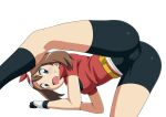  1girl ass bandana bike_shorts black_shorts black_socks blue_eyes breasts brown_hair cameltoe fanny_pack from_behind gloves highres may_(pokemon) open_mouth pokemon red_bandana red_shirt shirt short_sleeves shorts simple_background small_breasts socks solo spread_legs suitenan sweatdrop white_background 