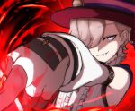  1boy black_background black_headwear blonde_hair genshin_impact grey_eyes hair_over_one_eye hat lyney_(genshin_impact) male_focus multicolored_background nono0000018 one_eye_covered red_background shirt smile solo teeth top_hat white_shirt 