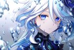  1girl ascot blue_ascot blue_brooch blue_hair blue_headwear blue_jacket bubble closed_mouth crying crying_with_eyes_open furina_(genshin_impact) genshin_impact gradient_background hair_between_eyes hat heterochromia highres jacket karen_(navy_42) light_blue_hair light_particles long_hair looking_at_viewer multicolored_hair portrait sidelocks simple_background solo streaked_hair teardrop tears top_hat two-tone_hair 
