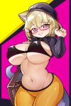  1girl absurdres animal_ear_fluff animal_ears arknights beret black_bra black_headwear blonde_hair blush bra breasts covered_nipples cowboy_shot glasses hair_ornament hairclip hand_up hat highres huge_breasts long_sleeves looking_at_viewer mr.681 navel pants pink_background pink_eyes red-framed_eyewear semi-rimless_eyewear short_hair simple_background smile solo tail two-tone_background under-rim_eyewear underwear utage_(arknights) utage_(disguise)_(arknights) yellow_background yellow_pants 